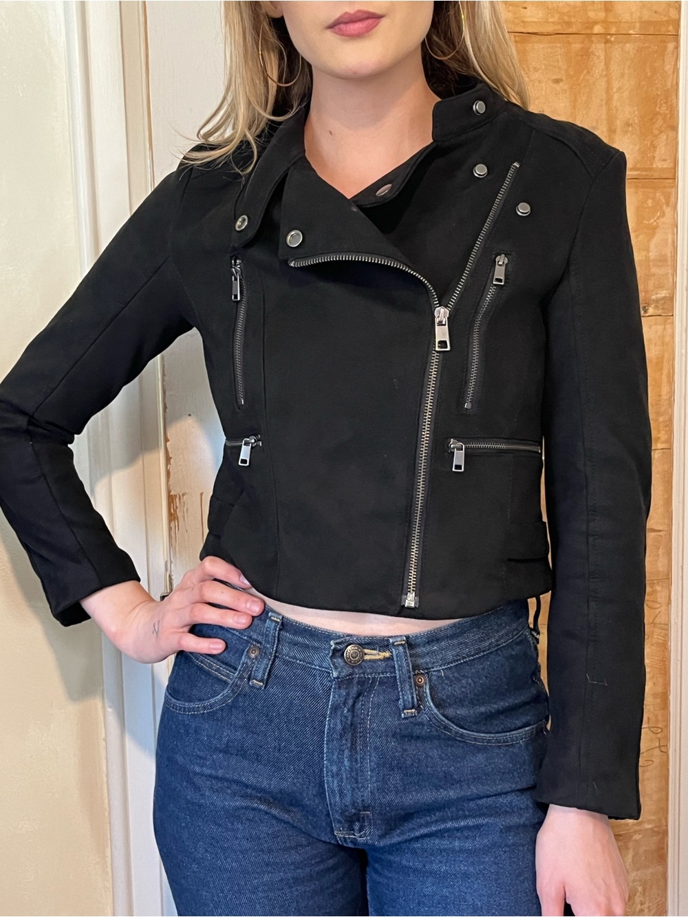 Banana Republic Black Cropped Moto Leather Jacket